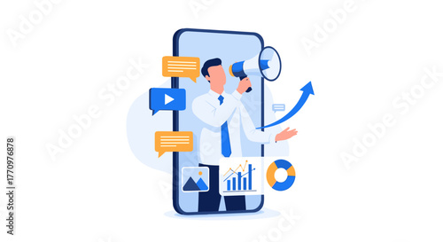 Dynamic businessman promoting brand success with megaphone and growth charts on phone screen