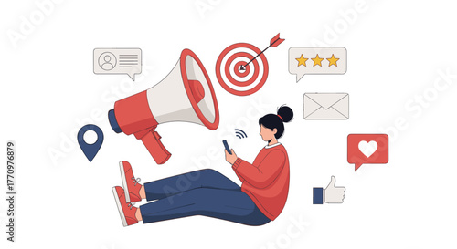 Modern marketer engaging audience with digital campaigns and social media icons