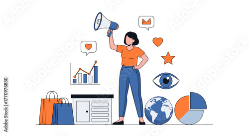 Confident woman announces marketing success with megaphone and digital analytics.