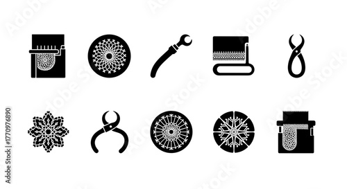 Professional dental tools and intricate ornamental circular patterns icon set