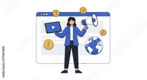 Dynamic businesswoman promoting global brand success with digital marketing tools and coins