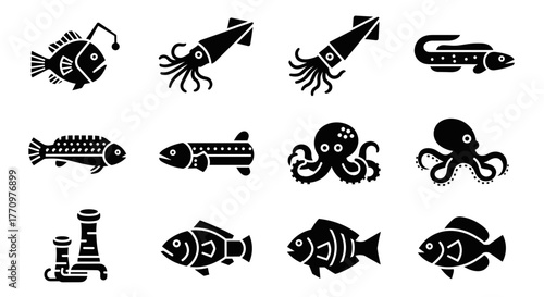Diverse marine life icons featuring fish, squid, octopus, and eel for aquatic themes