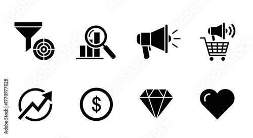 Modern business icons for marketing growth strategy, sales, and customer engagement success