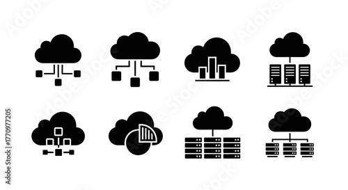 Dynamic cloud computing icons showcasing data connectivity and server infrastructure for modern business