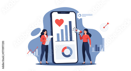 Dynamic business team analyzing growth charts on smartphone for marketing success