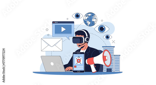 Man in VR headset explores digital world with data, communication, and global connection concepts