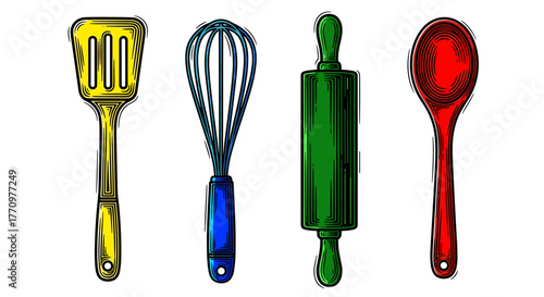 Vibrant kitchen utensils including whisk, spatula, rolling pin, and spoon for cooking