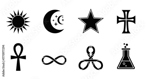 Mystic symbols set sun moon star cross ankh infinity alchemy icons