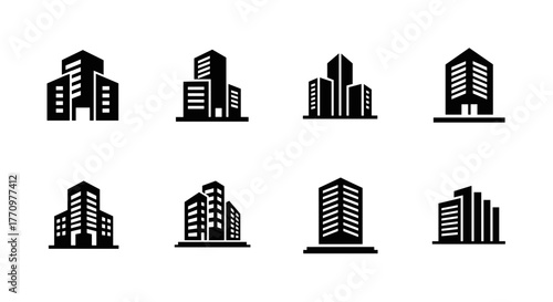 Modern office building icons showcase professional corporate architecture and urban development success