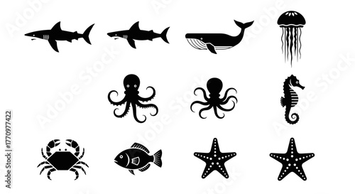 Diverse ocean creatures silhouette collection for marine life and aquatic themes
