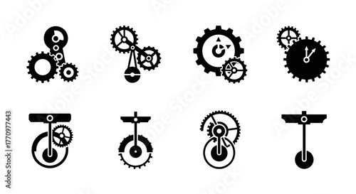 Dynamic steampunk gears and unicycles create industrial, retro mechanical designs