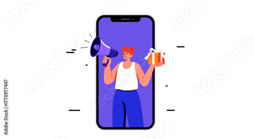 Energetic woman announces exciting offer with gift and megaphone on phone screen