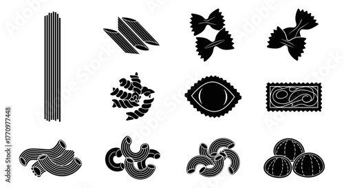 Diverse pasta shapes collection for culinary inspiration and design elements
