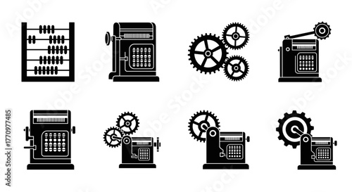 Vintage calculating machines and gears evoke business and industry history