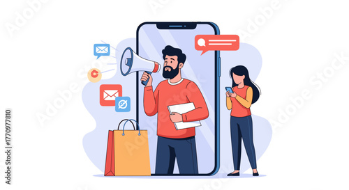 Digital marketer with megaphone on phone announces sales, engaging audience with notifications