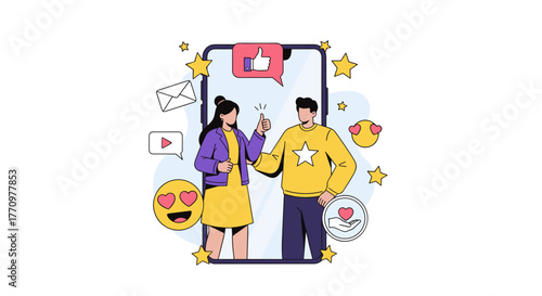 Dynamic duo celebrating social media success with likes and hearts, inspiring engagement