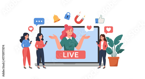 Engaging influencer streams live content, attracting followers with likes and engagement signals
