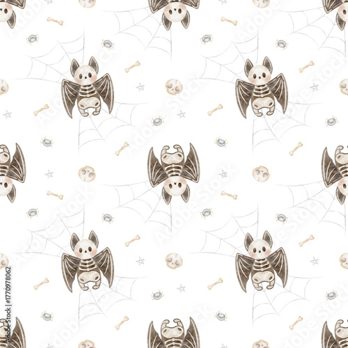 Watercolor Halloween pattern bat skeleton, web, spider, bones. This creepy hand-drawn illustration in childish style. Seamless print is isolated from background for textiles fabrics clothing wallpaper