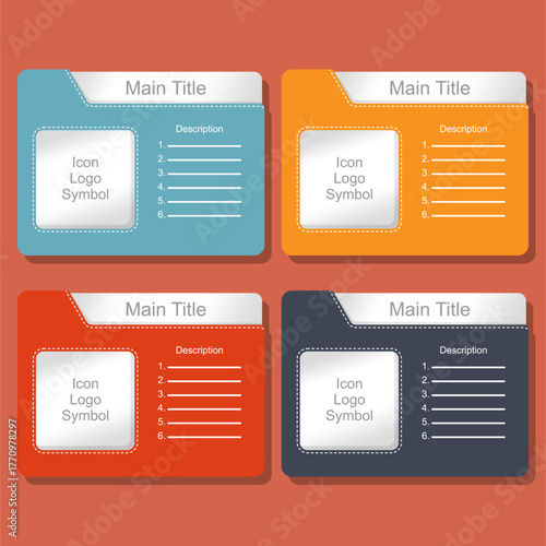 Colorful Business Presentation Template Layout with Four Modern Infographic Cards for Data, Description, and Logo, Editable Vector Design for Education and Marketing Materials