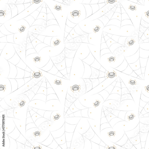 Halloween pattern spiders crawling on web. Watercolor illustration is hand-drawn in childish style. Seamless print isolated from background is suitable for textiles, fabrics, clothing, wallpaper paper