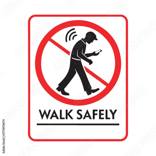 No phone while walking sign safety alert person distracted by mobile device