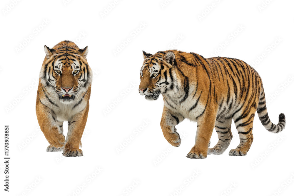 Naklejka premium Two Majestic Tigers Walking - Isolated on Transparent Background