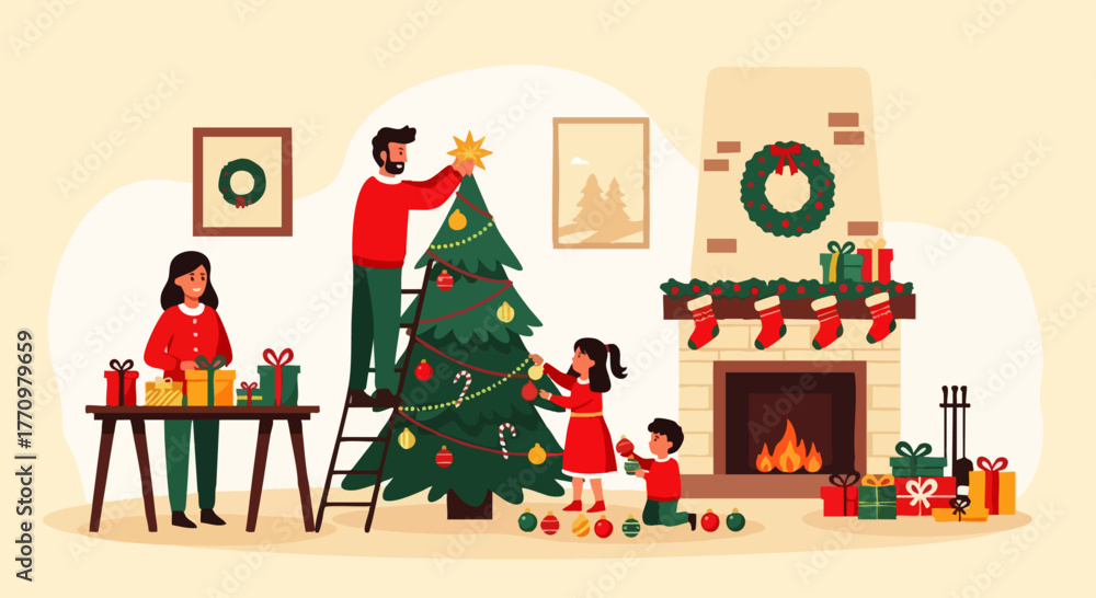 Fototapeta premium Flat vector illustration of a happy family decorating a Christmas tree with ornaments and lights in a cozy home, symbolizing love, religious values, warmth and holiday spirit. 