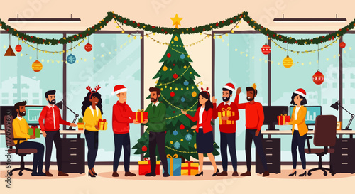 Flat vector illustration of coworkers exchanging Christmas gifts in a decorated office, cheerful holiday teamwork concept, depicting warmth, love, sharing in special moments