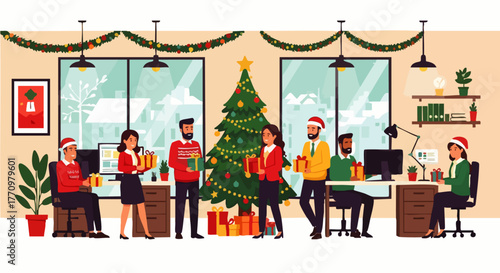 Flat vector illustration of coworkers exchanging Christmas gifts in a decorated office, cheerful holiday teamwork concept, depicting warmth, love, sharing in special moments
