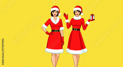 Flat vector illustration of two women wearing party dresses and Santa hats posing cheerfully on a bright background, ideal for Christmas marketing, holiday invitations, or seasonal promotions.