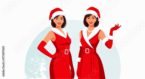 Flat vector illustration of two women wearing party dresses and Santa hats posing cheerfully on a bright background, ideal for Christmas marketing, holiday invitations, or seasonal promotions.