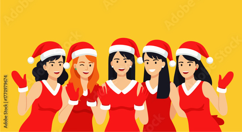 Flat vector illustration of five women wearing party dresses and Santa hats posing cheerfully against a bright background, ideal for Christmas marketing, holiday invitations, or seasonal promotions.