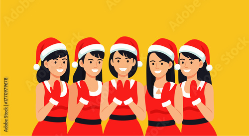 Flat vector illustration of five women wearing party dresses and Santa hats posing cheerfully against a bright background, ideal for Christmas marketing, holiday invitations, or seasonal promotions.