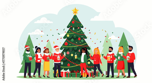 Flat vector illustration of celebrating Christmas party together with friends outdoors with music, drinks and laughter, cheerful party moments with friends
