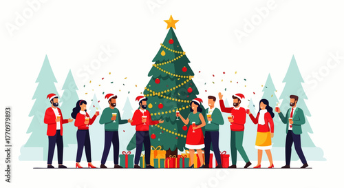 Flat vector illustration of celebrating Christmas party together with friends outdoors with music, drinks and laughter, cheerful party moments with friends