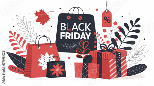 Black friday sale shopping bags and gifts vector illustration for promotion discount and holiday season 2024