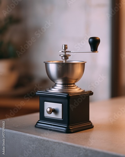 Vintage manual coffee grinder on counter