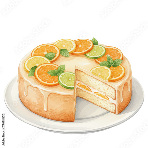 Citrus cake vector illustration on white. Bright dessert with orange, lemon and lime slices on a glazed top