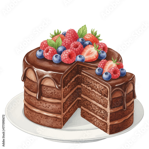 Chocolate berry cake vector illustration design. Rich layered dessert is topped with fresh raspberries, blueberries, strawberries.