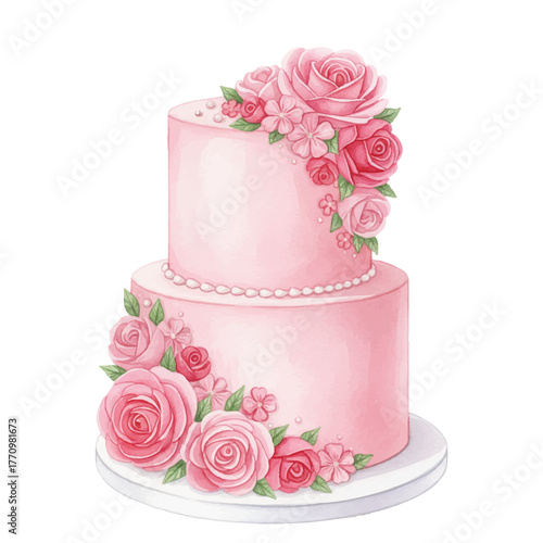 Pink wedding cake, elegant two-tiered confectionery, beautifully decorated with pink roses and delicate pearl accents.