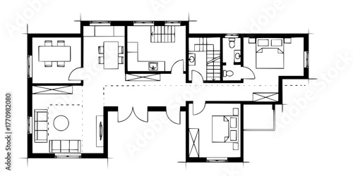 Architectural Blueprint Minimalist Line Art Vector Plan