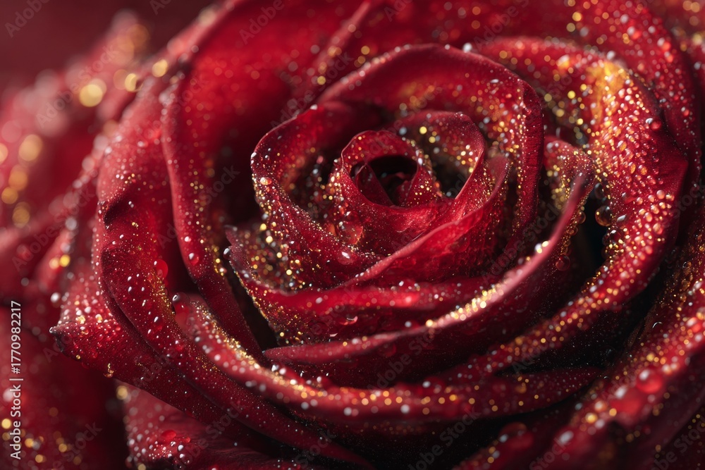 Naklejka premium Close-up of red rose with water droplets and sparkling gold glitter details