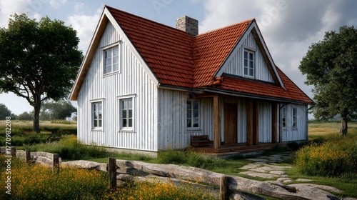 Wallpaper Mural Charming white cottage with red roof in serene countryside setting Torontodigital.ca
