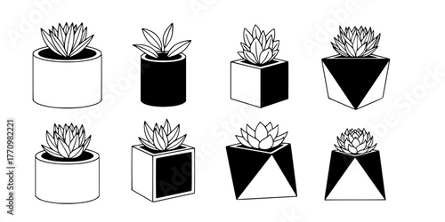 Geometric Planters Flat Vector Icon Set Interior Decor