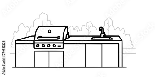 Modern Outdoor Kitchen BBQ Area Flat Vector Illustration