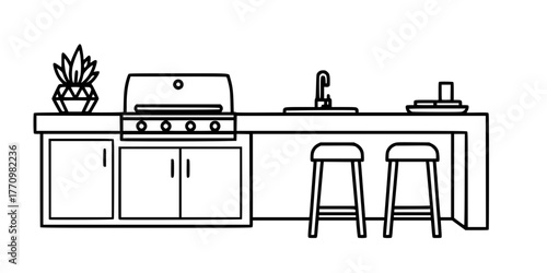 Modern Outdoor Kitchen BBQ Area Flat Vector Illustration