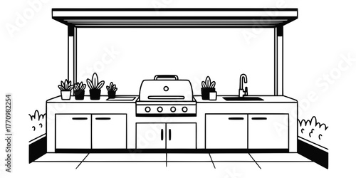 Modern Outdoor Kitchen BBQ Area Flat Vector Illustration