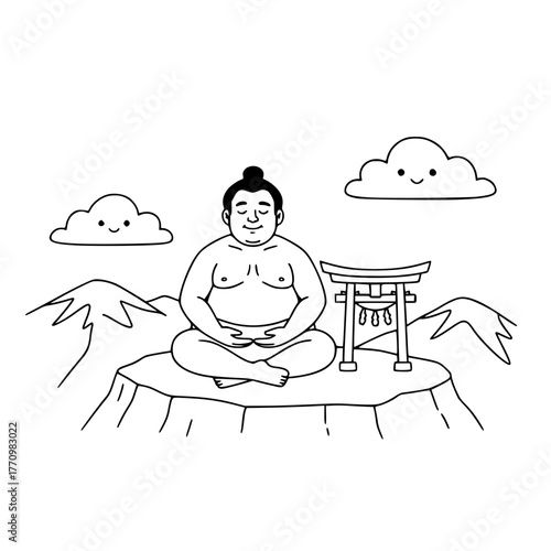 Sumo wrestler meditating on mountain near shrine, simple peaceful coloring page for toddlers Generative ai 