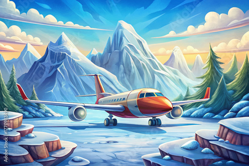 Passenger airplane on snowy runway surrounded by frozen mountains and cold wind