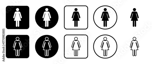 Icon set of woman symbol. Filled, outline, black and white icons set, flat style.  Illustration on transparent background